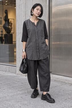 Minimalist Black 100% Linen 3/4 Sleeve Blouse - Korean Chic Aesthetic Large